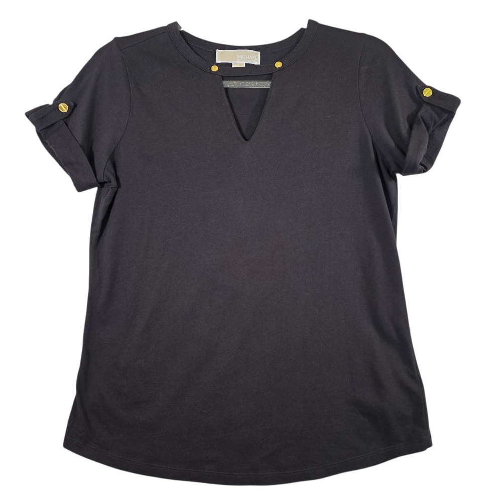 Michael Kors Black Top Womens S Gold Hardware Keyhole Neck Cuffed‎ Sleeve Blouse